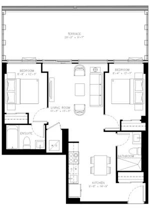 Two Bedroom floor plan, 745 sq ft