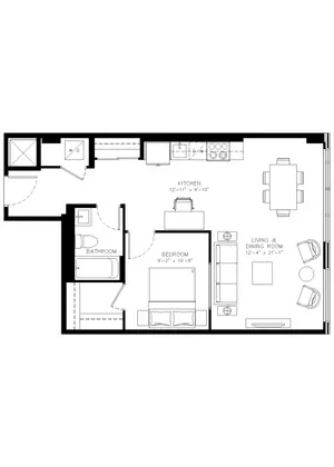 One Bedroom floor plan, 691 sq ft