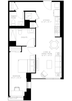 One Bedroom floor plan, 743 sq ft