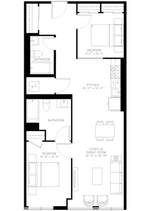 Two Bedroom floor plan, 919 sq ft