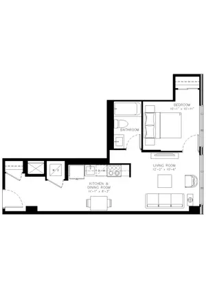 One Bedroom floor plan, 568 sq ft