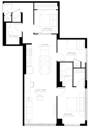 Three Bedroom floor plan, 1,084 sq ft