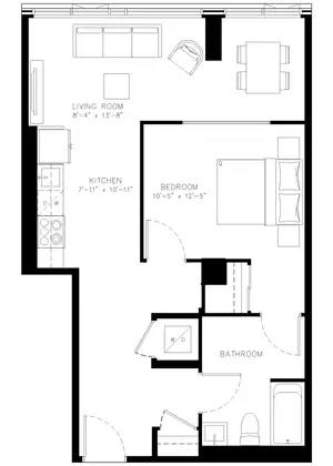 One Bedroom floor plan, 722 sq ft