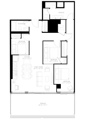 Three Bedroom floor plan, 1,121 sq ft