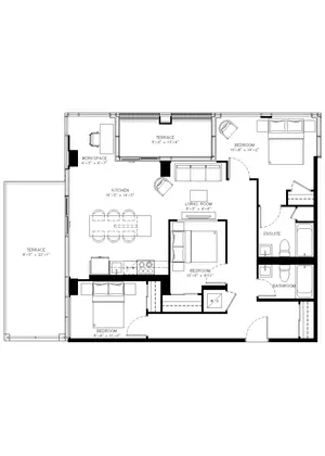Three Bedroom floor plan, 1,130 sq ft