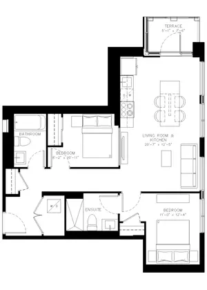 Two Bedroom floor plan, 834 sq ft