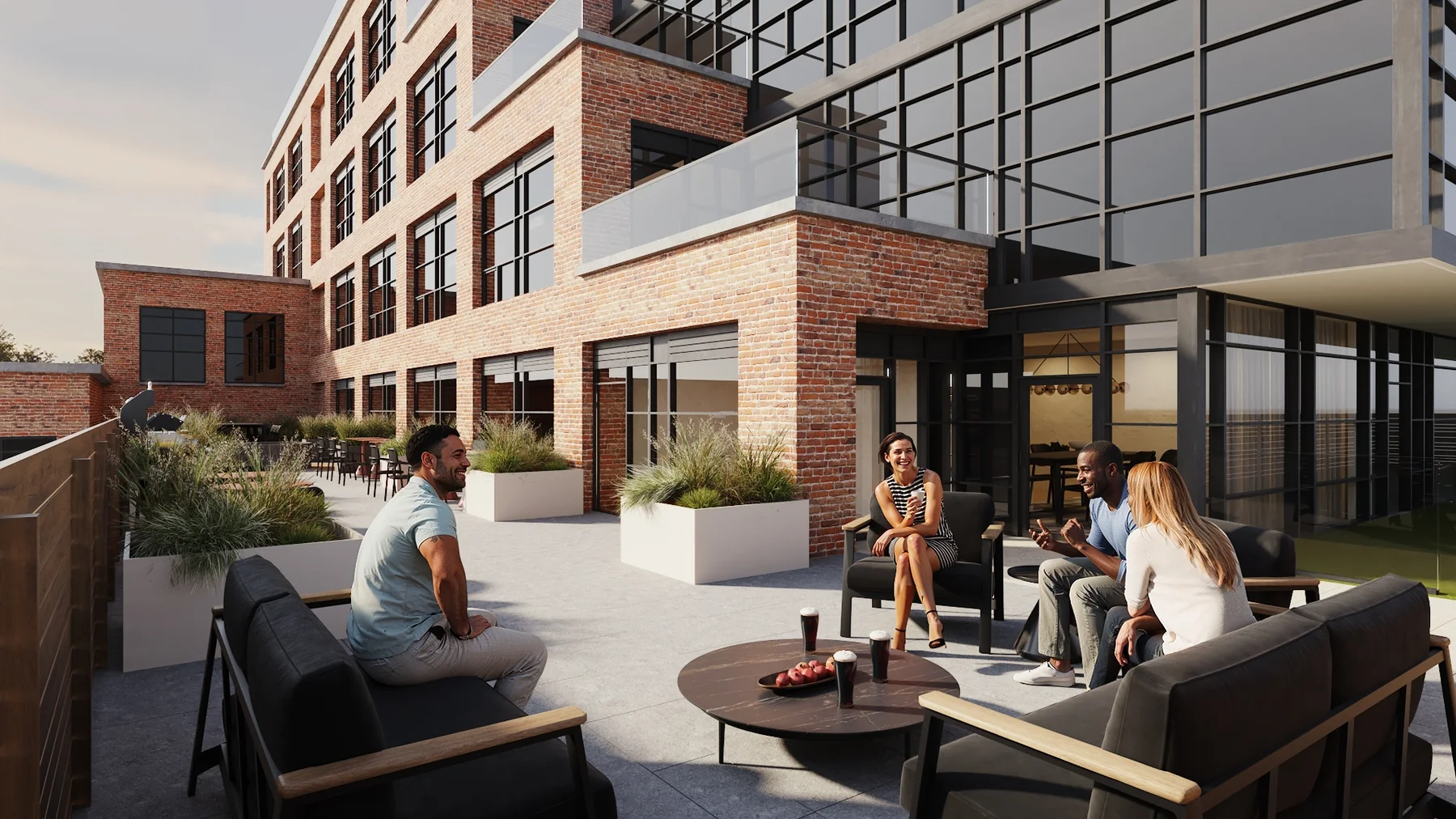 Resident terrace against the restored heritage brick