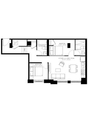 Two Bedroom floor plan, 766 sq ft