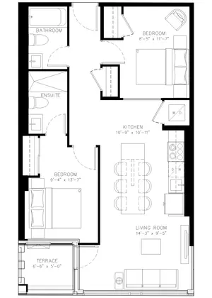 Two Bedroom floor plan, 778 sq ft