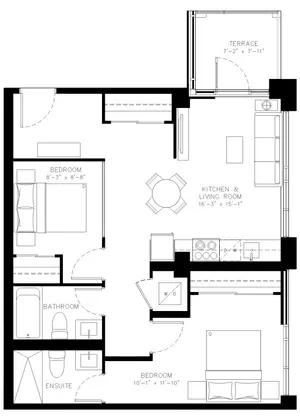 Two Bedroom floor plan, 807 sq ft