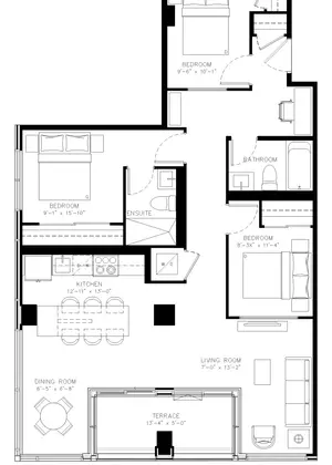 Three Bedroom floor plan, 1,077 sq ft