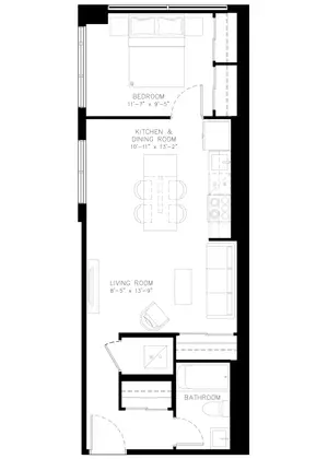 One Bedroom floor plan, 631 sq ft