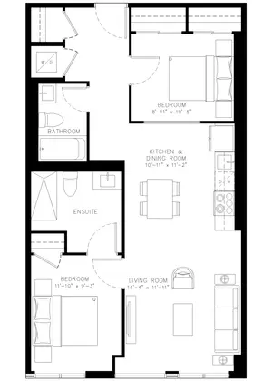 Two Bedroom floor plan, 858 sq ft