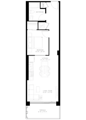 One Bedroom floor plan, 679 sq ft