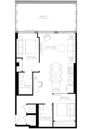 Two Bedroom floor plan, 799 sq ft