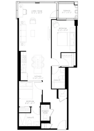 Two Bedroom floor plan, 951 sq ft