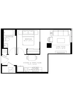 One Bedroom floor plan, 568 sq ft