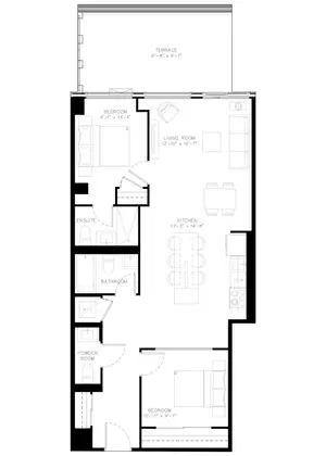 Two Bedroom floor plan, 999 sq ft